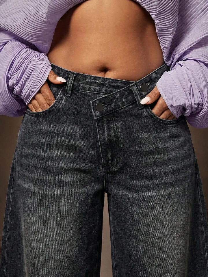 Wijde denim broek met asymmetrische taille