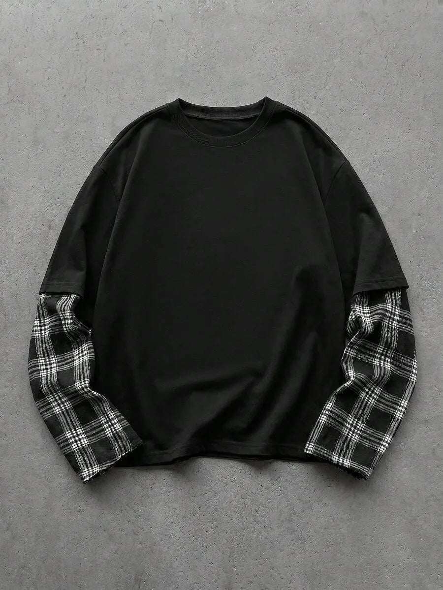 T-shirt met plaid patchwork mouwen
