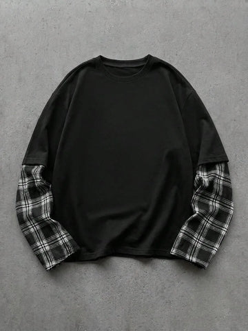 T-shirt met plaid patchwork mouwen