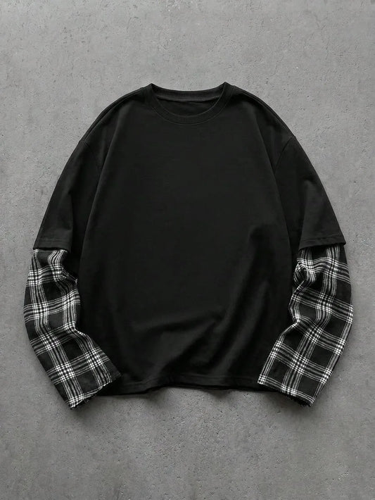 T-shirt met plaid patchwork mouwen