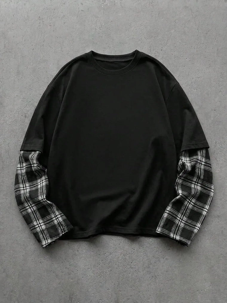T-shirt met plaid patchwork mouwen