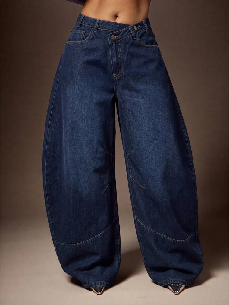 Wijde denim broek met asymmetrische taille