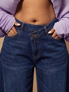 Wijde denim broek met asymmetrische taille