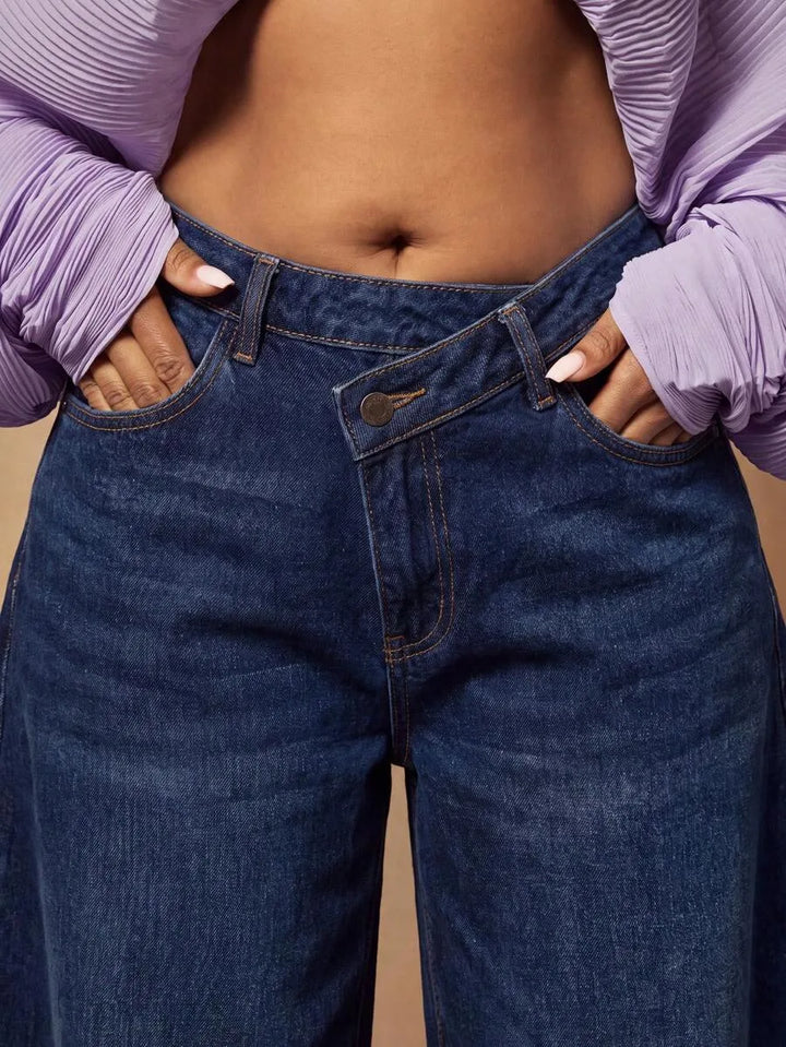 Wijde denim broek met asymmetrische taille