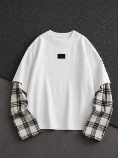 T-shirt met plaid patchwork mouwen