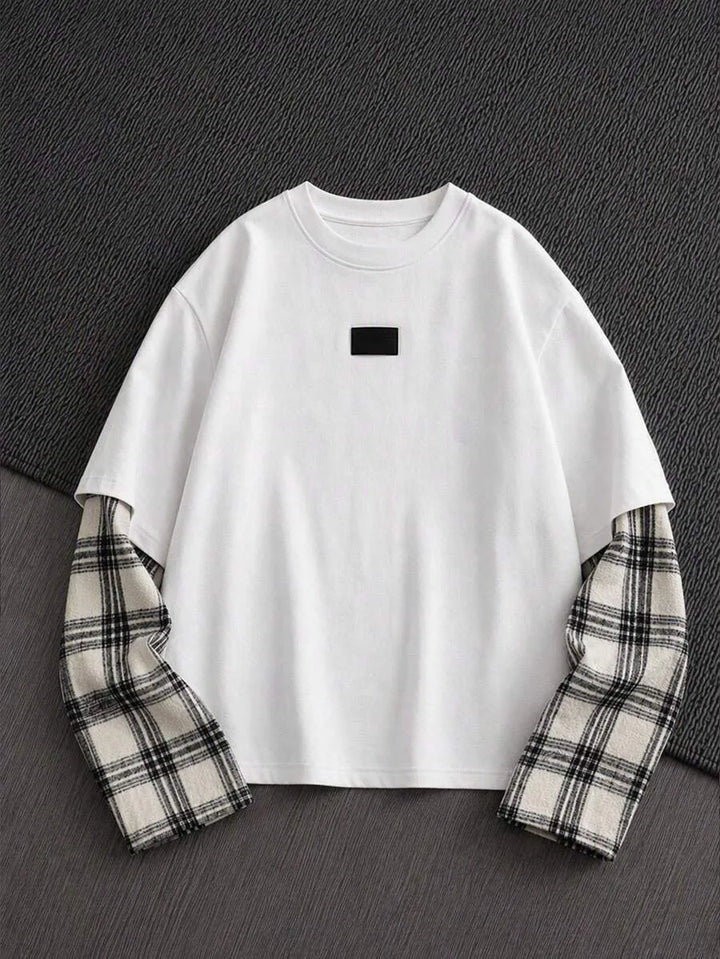 T-shirt met plaid patchwork mouwen