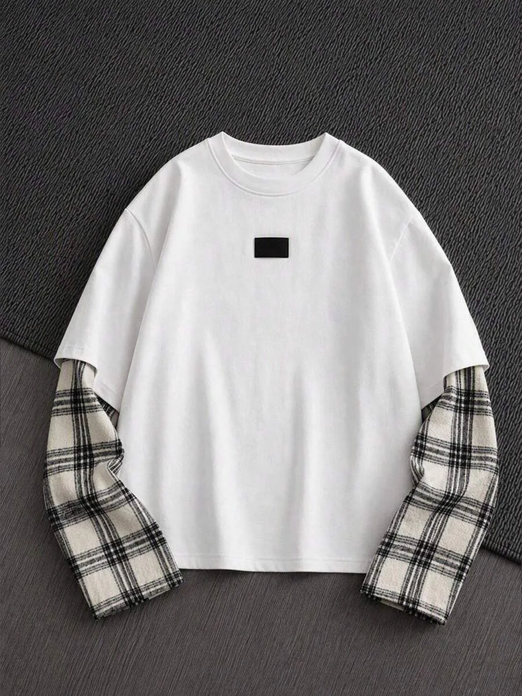 T-shirt met plaid patchwork mouwen