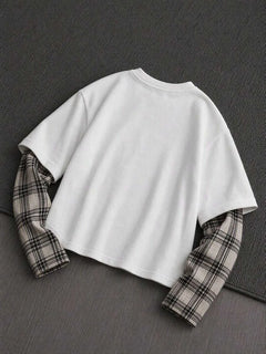 T-shirt met plaid patchwork mouwen
