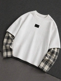 T-shirt met plaid patchwork mouwen