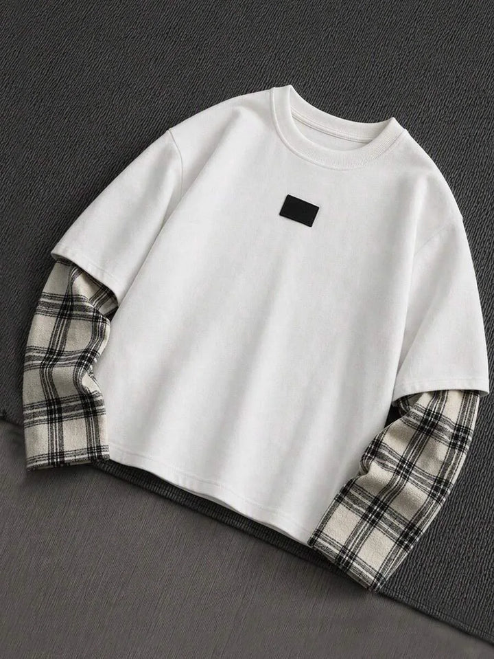 T-shirt met plaid patchwork mouwen