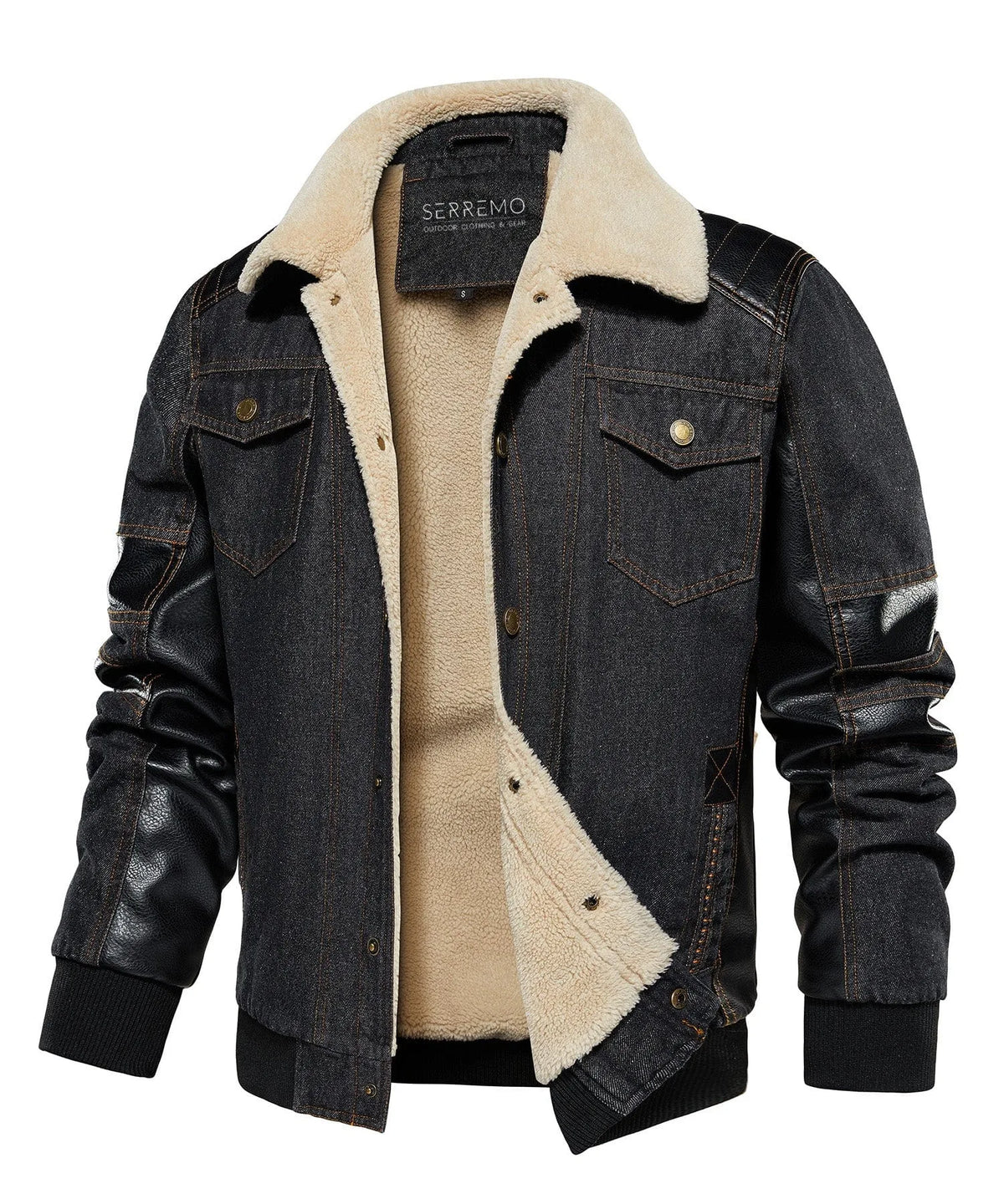 Bomberjack met denim en leren mouwen