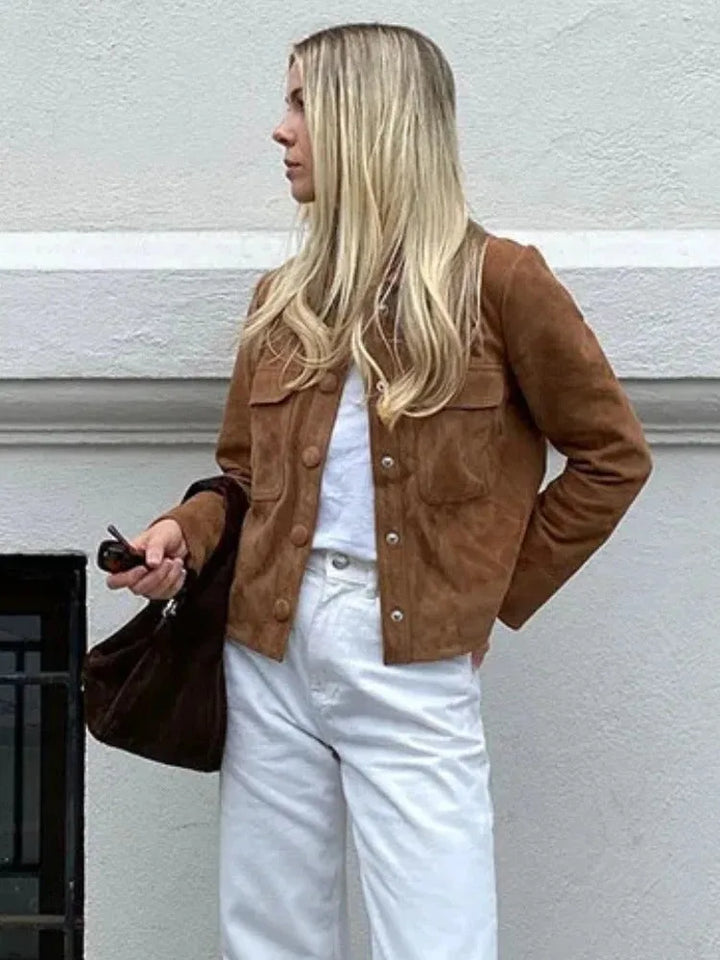 Suede jas met mandarin kraag