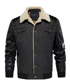 Bomberjack met denim en leren mouwen