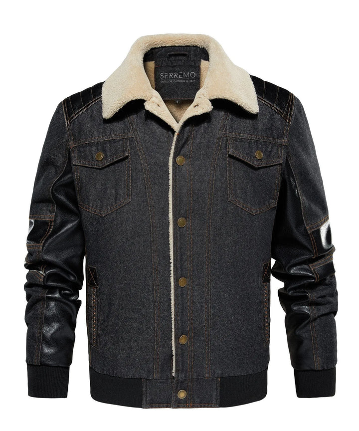 Bomberjack met denim en leren mouwen