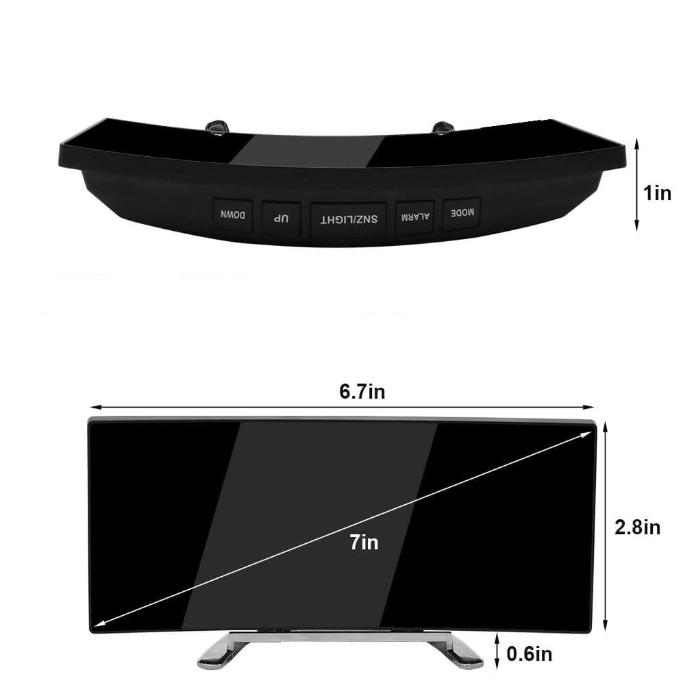 Gebogen LED wekker met modern design, nachtmodus en snooze functie. Gemaakt van duurzaam ABS kunststof met USB kabel en lichtsensorfunctie voor automatische helderheidsaanpassing.