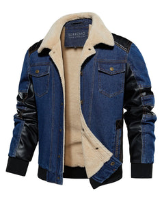 Bomberjack met denim en leren mouwen