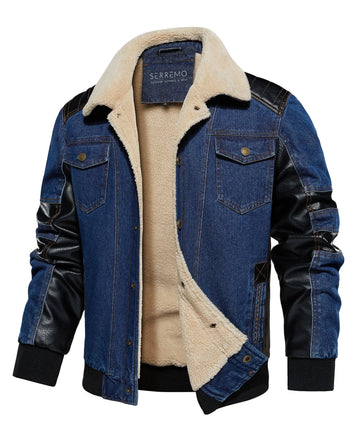 Bomberjack met denim en leren mouwen