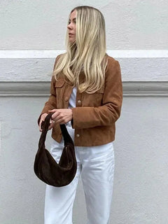 Suede jas met mandarin kraag