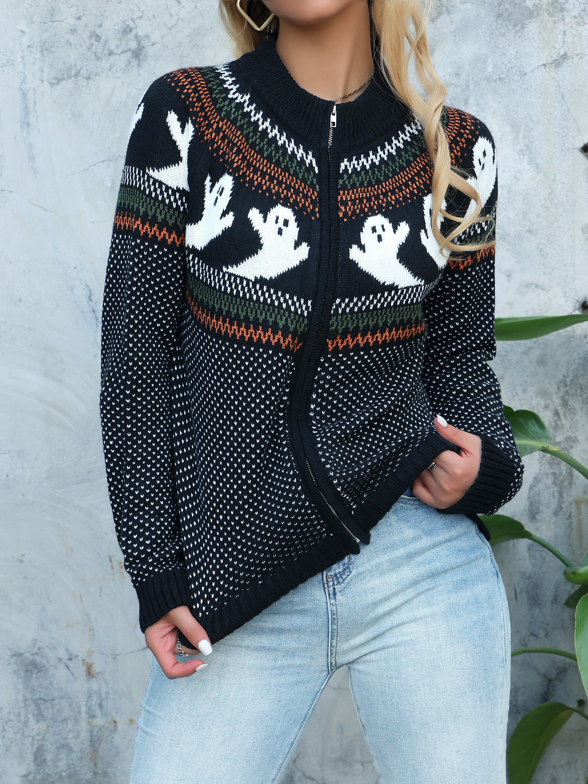 Vest met rits en gebreid ontwerp met spookjesprint