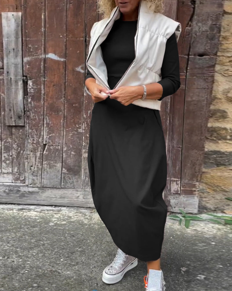Elegancka sukienka maxi z długimi rękawami i kieszeniami