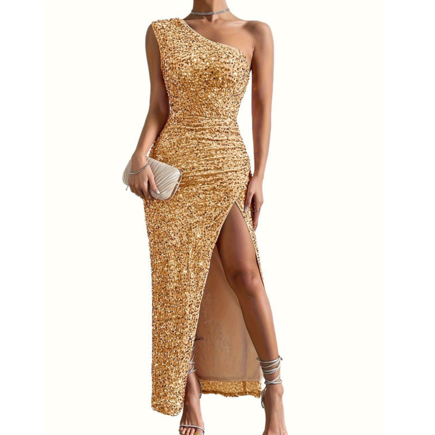 Glitter schouderjurk - perfect voor chique gelegenheden. Deze jurk heeft een stijlvol bodycon-design met een schitterend glitterdetail op de schouder, waardoor je in de spotlights zult staan. Gemaakt van hoogwaardig polyester voor comfort en duurzaamheid, en voorzien van plooidetail voor extra stijl. Maattabel (cm) beschikbaar.