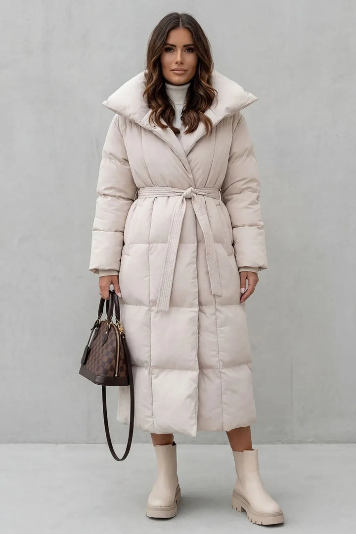 Lange puffer jas met ceintuur
