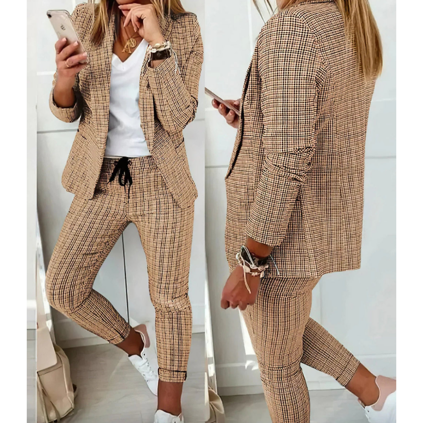 Elegante zakelijke dames set, perfecte combinatie van stijl en professionaliteit. Gemaakt voor een fijne pasvorm, comfort en zelfvertrouwen gedurende de hele dag. Gemaakt van polyester en geschikt voor diverse formele gelegenheden. Maattabel beschikbaar voor verschillende maten.