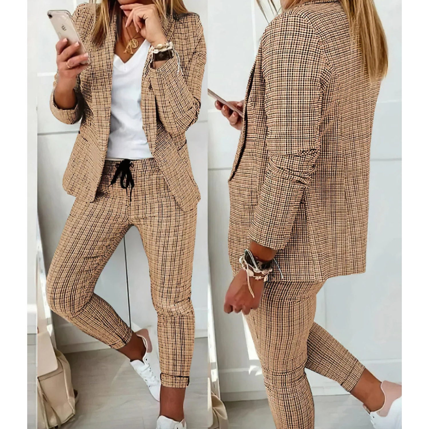 Elegante zakelijke dames set, perfecte combinatie van stijl en professionaliteit. Gemaakt voor een fijne pasvorm, comfort en zelfvertrouwen gedurende de hele dag. Gemaakt van polyester en geschikt voor diverse formele gelegenheden. Maattabel beschikbaar voor verschillende maten.