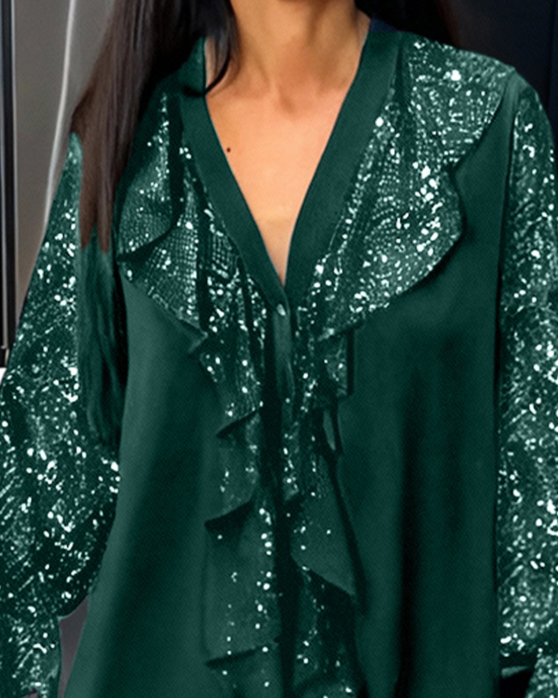 Loose Glitter Blouse with V-Neck & Ruffles
