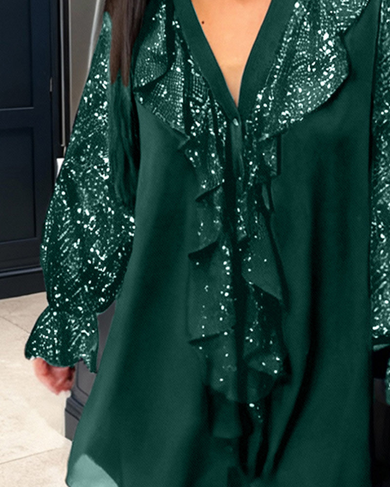 Loose Glitter Blouse with V-Neck & Ruffles