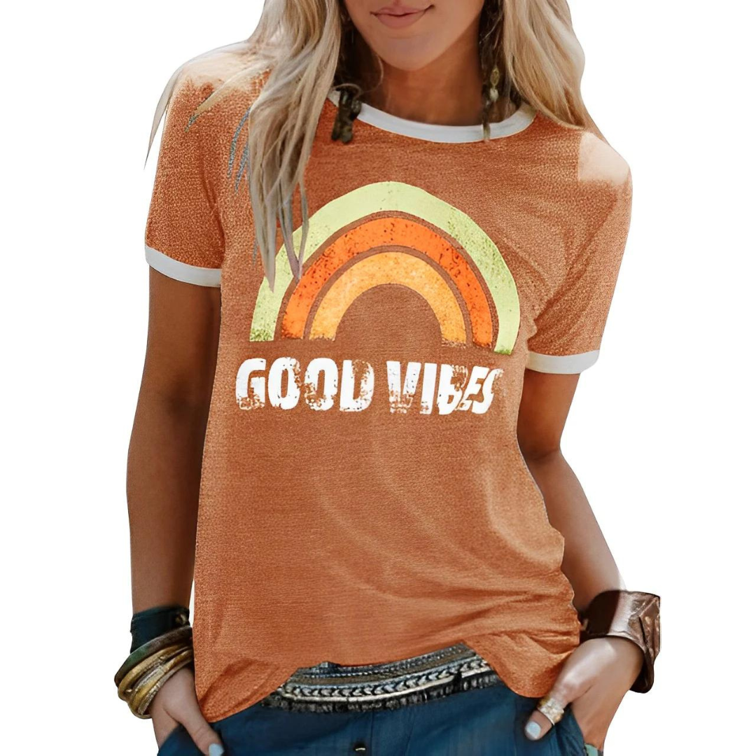 Positieve Vibe-shirt - perfect voor een trendy en optimistische uitstraling. Gemaakt van comfortabele katoenmix en voorzien van een uniek regenboogpatroon voor een vrolijke look.