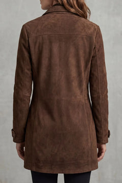 Lange suede jas met flapzakken