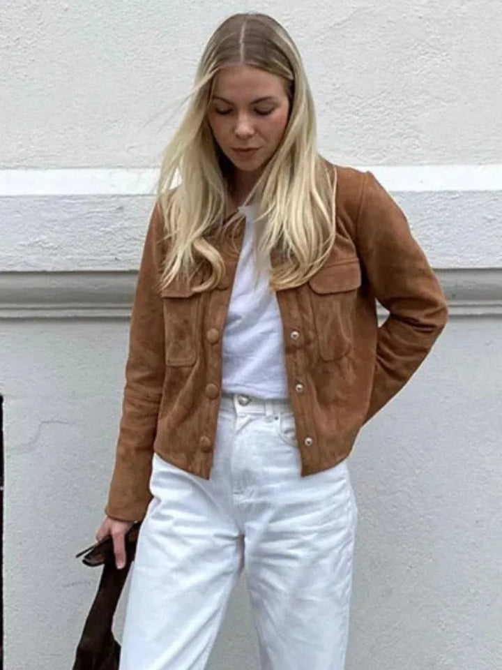 Suede jas met mandarin kraag