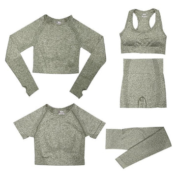 5-delige Sport Set | Dames tops en sportleggings met hoge taille in de kleur Legergroen voor dames in stijl geschikt voor alle seizoenen.
