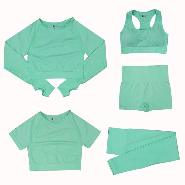 5-delige Sport Set | Dames tops en sportleggings met hoge taille in de kleur Mintgroen voor dames in stijl geschikt voor alle seizoenen.