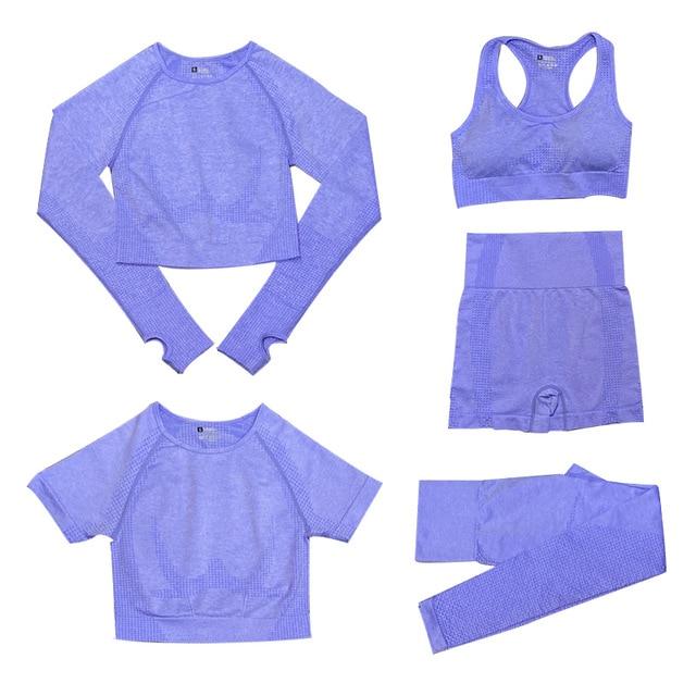 5-delige Sport Set | Dames tops en sportleggings met hoge taille in de kleur Paars voor dames in stijl geschikt voor alle seizoenen.