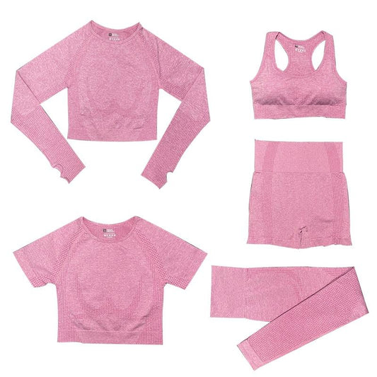 5-delige Sport Set | Dames tops en sportleggings met hoge taille in de kleur Roze voor dames in stijl geschikt voor alle seizoenen.