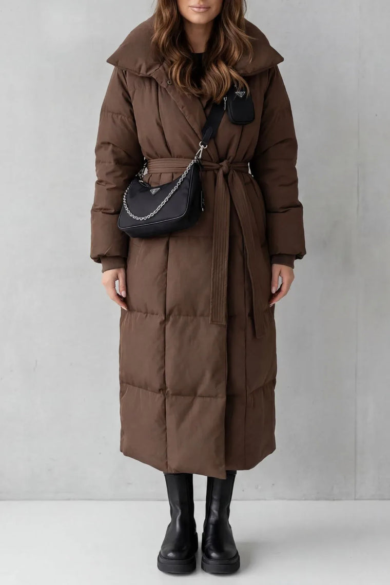 Lange puffer jas met ceintuur