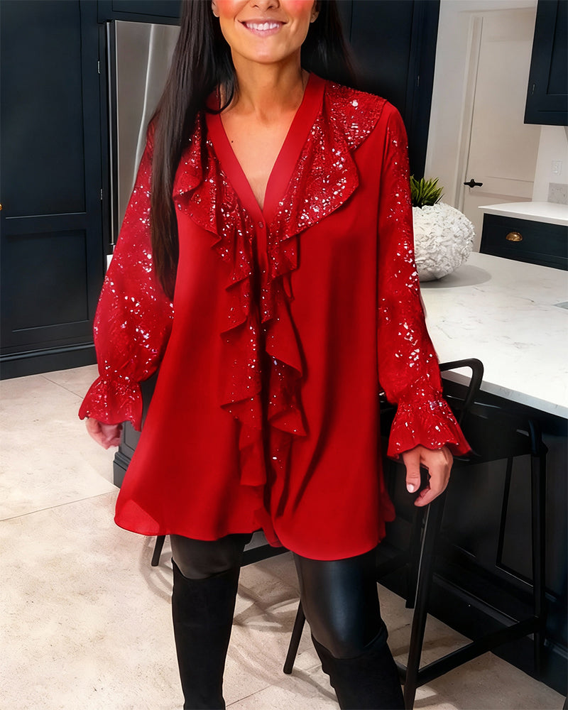 Loose Glitter Blouse with V-Neck & Ruffles