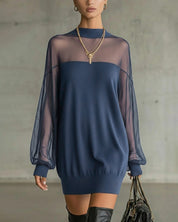 Casual patchwork jurk met lantaarnmouwen