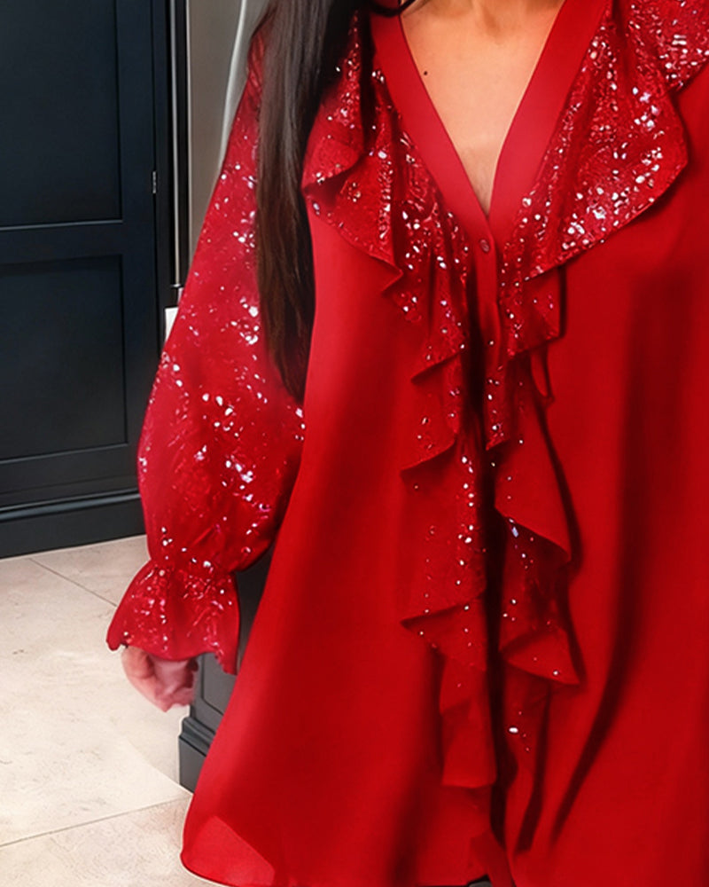 Loose Glitter Blouse with V-Neck & Ruffles