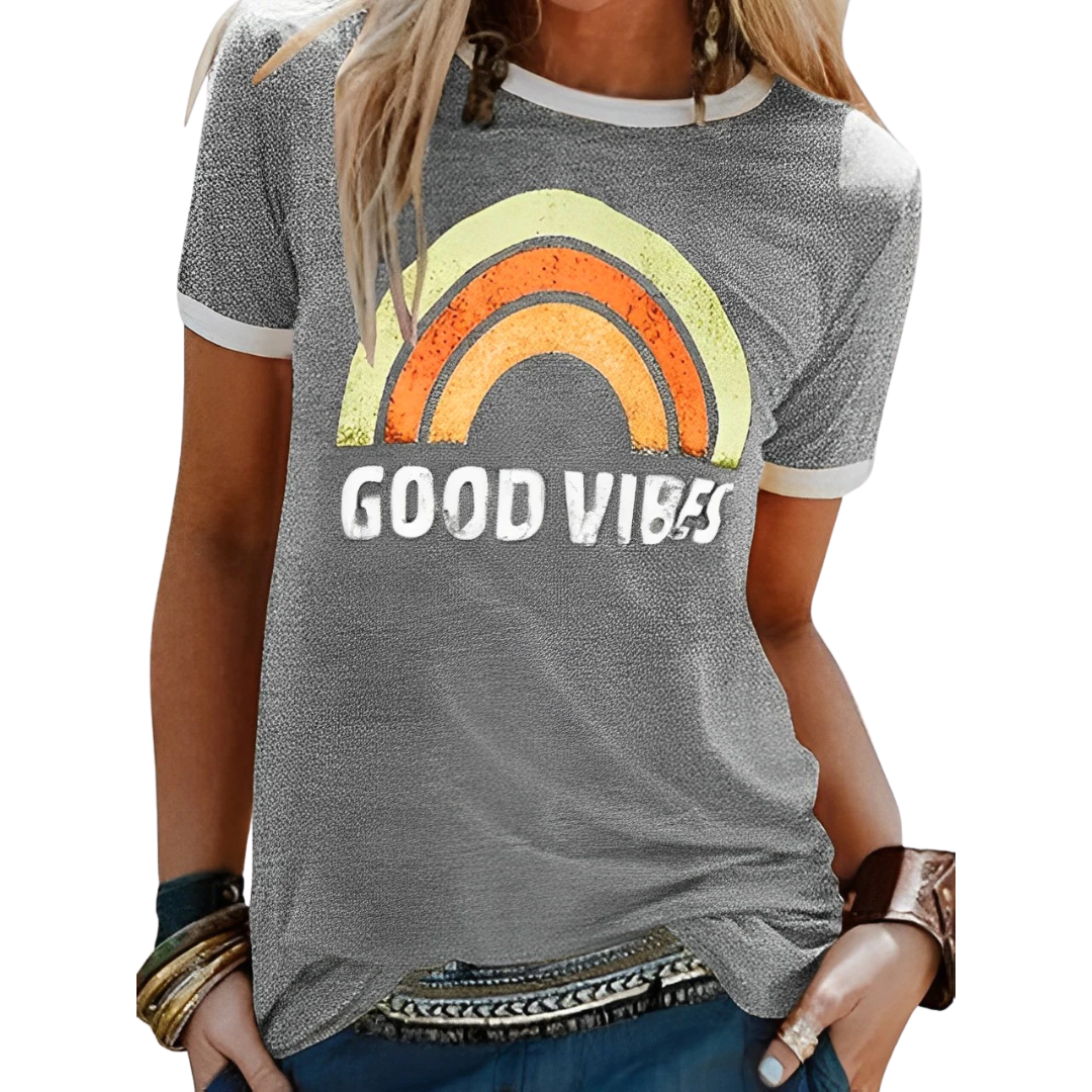 Positieve Vibe-shirt - perfect voor een trendy en optimistische uitstraling. Gemaakt van comfortabele katoenmix en voorzien van een uniek regenboogpatroon voor een vrolijke look.