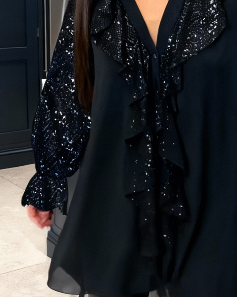 Loose Glitter Blouse with V-Neck & Ruffles