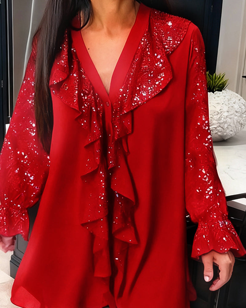Loose Glitter Blouse with V-Neck & Ruffles