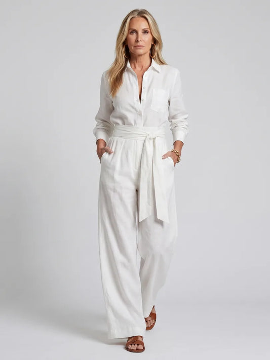 Jumpsuit met ceintuur en wijde pijpen
