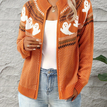 Vest met rits en gebreid ontwerp met spookjesprint voor dagelijks gebruik, casual stijl, dames--Deqalli