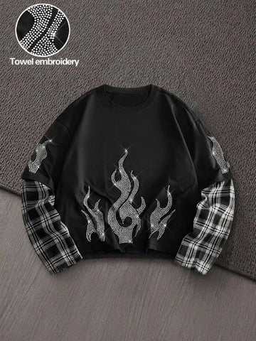 T-shirt met plaid patchwork mouwen