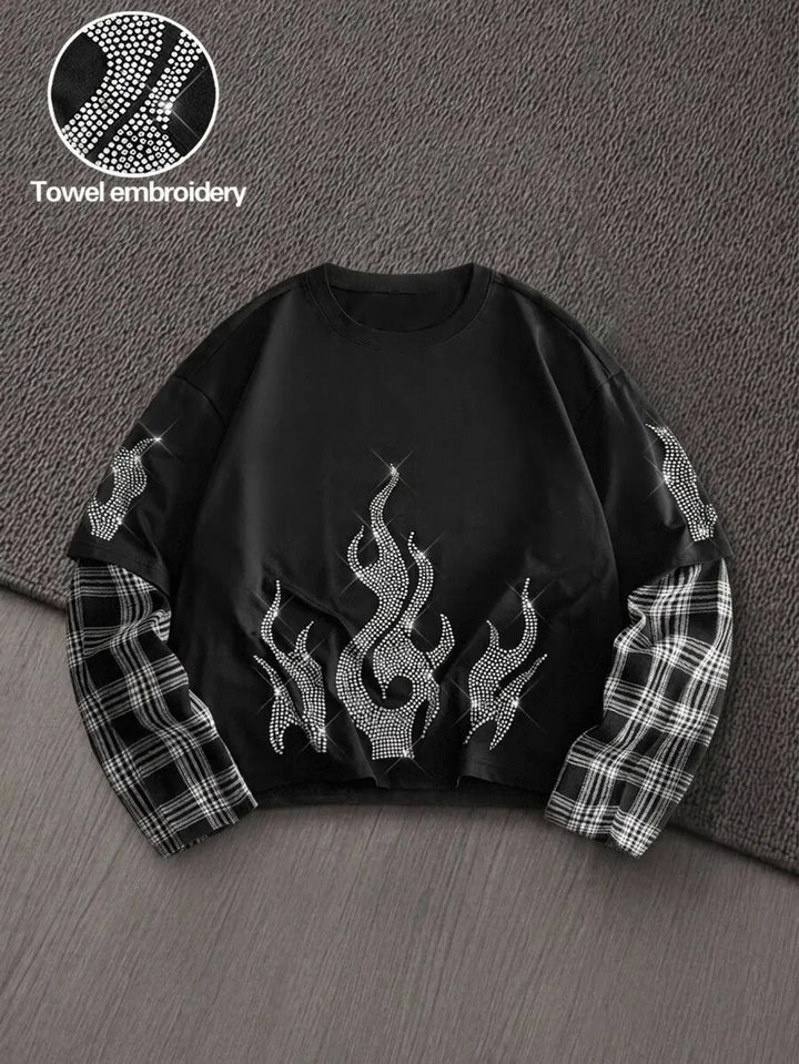 T-shirt met plaid patchwork mouwen