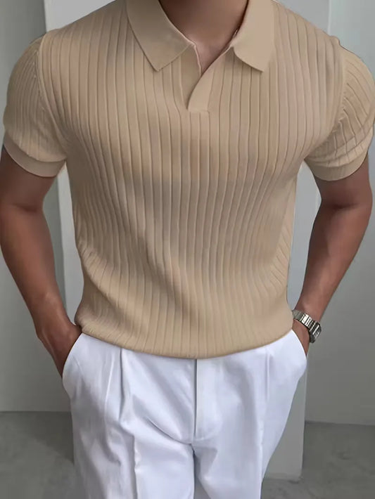Polo met V-neck en ribbed texture