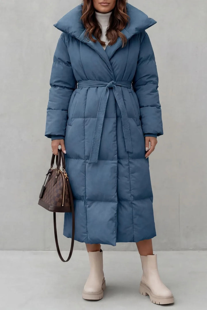 Lange puffer jas met ceintuur
